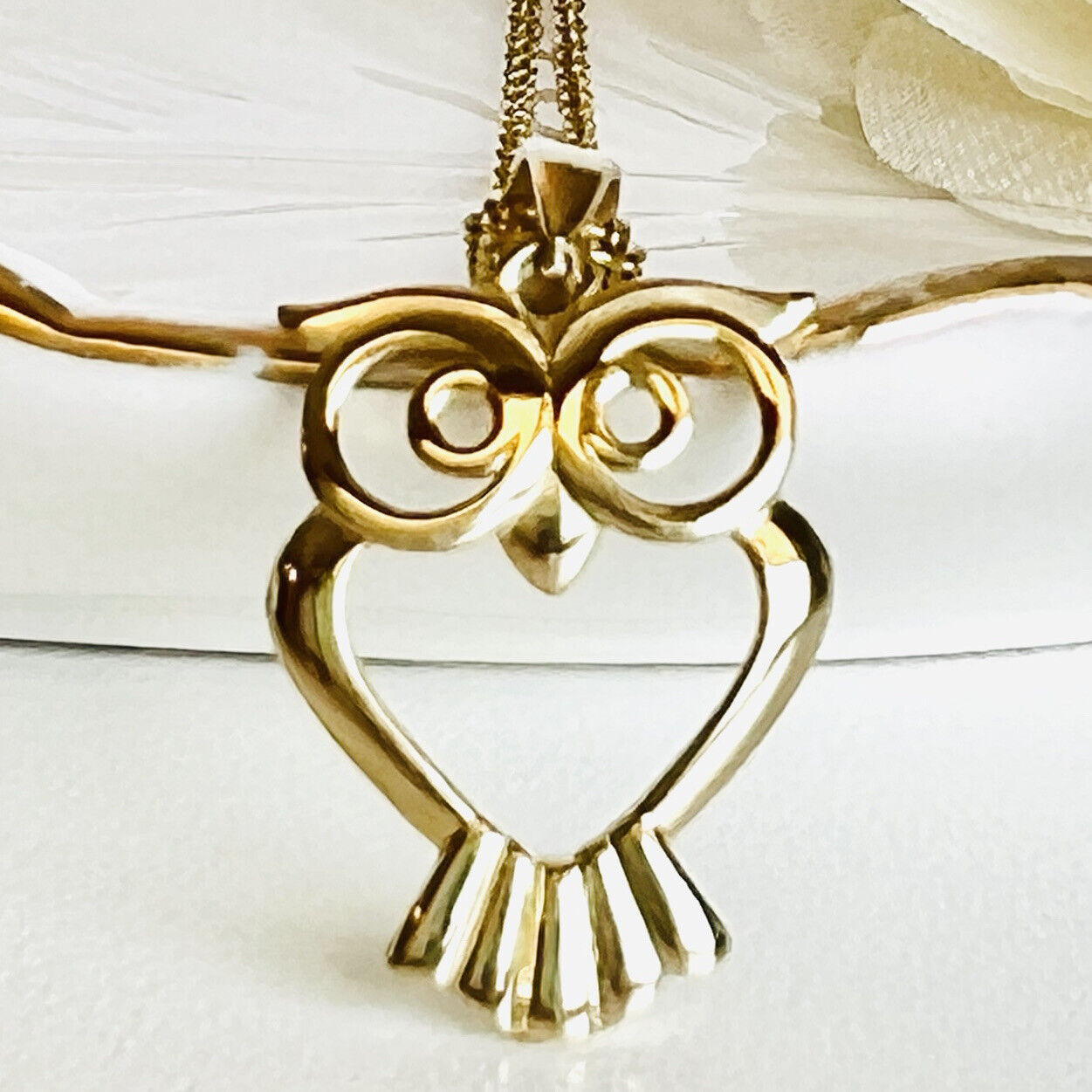 Adorable Solid 14k Yellow Gold Owl Pendant/Charm, New, 0.94"