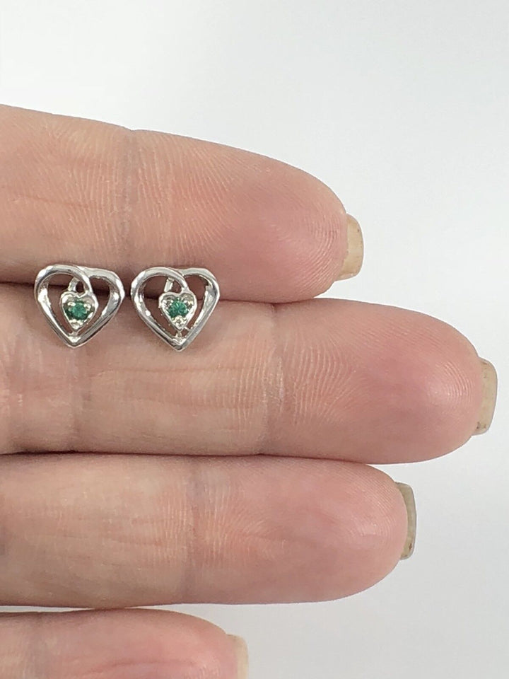 Genuine Emerald 14K White Gold Heart Stud Earrings, New