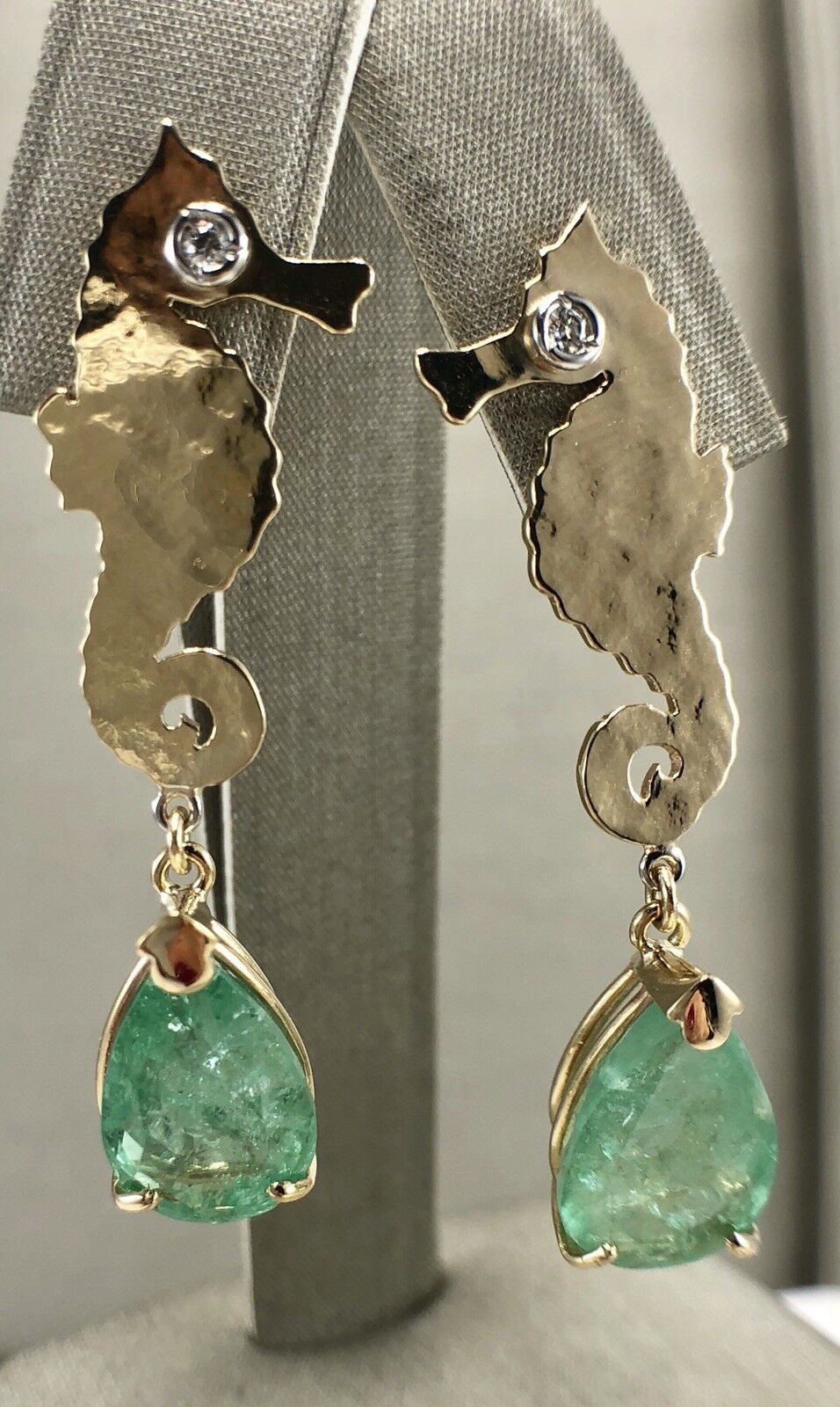 Colombian Emerald & Diamond 14K Yellow Gold Seahorse Dangle Earrings, New