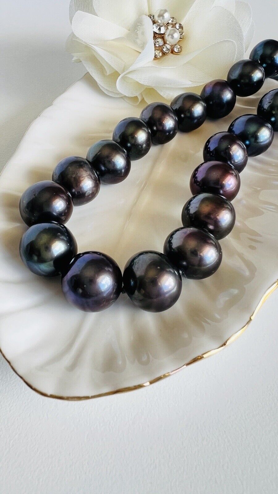 Solid 14k White Gold 12-13.5mm Genuine Black Pearl Necklace, New 17.5"