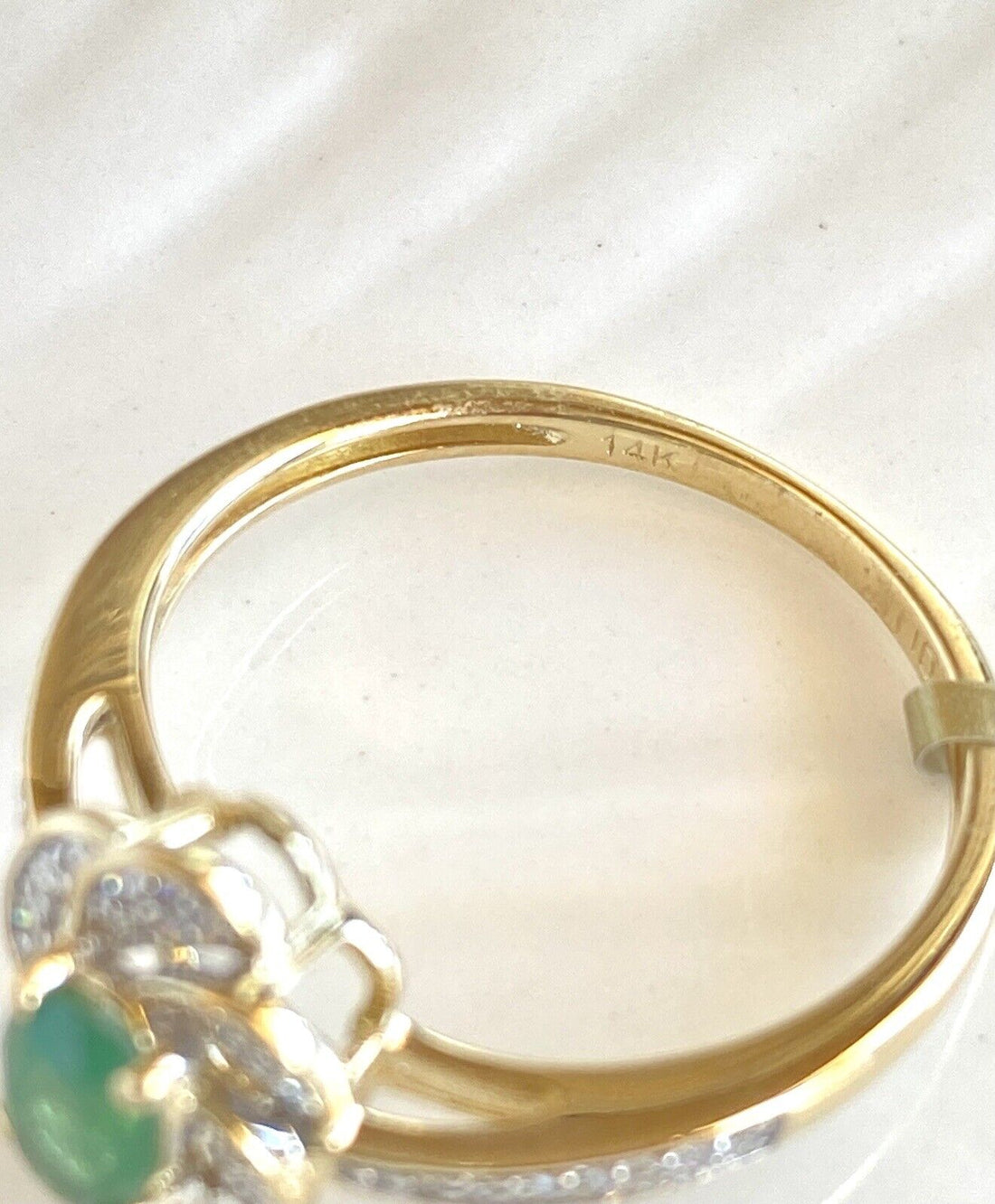 Genuine Emerald & Solid 14k Yellow Gold Swirl Halo Ring, New, Size 7