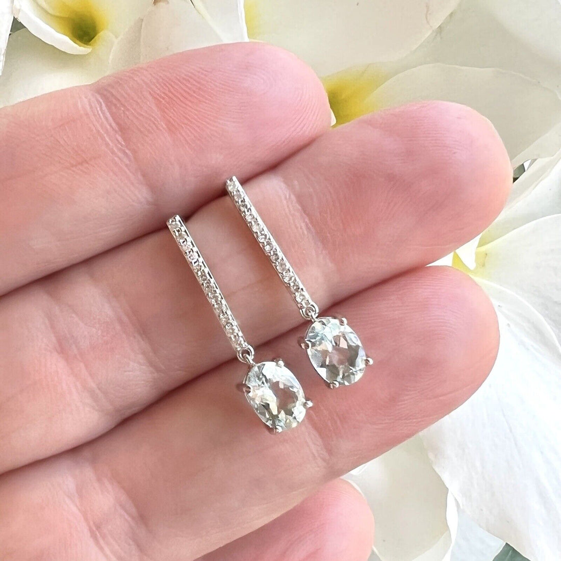 Solid 10k White Gold Genuine Aquamarine & Diamond Dangle/Drop Earrings, New