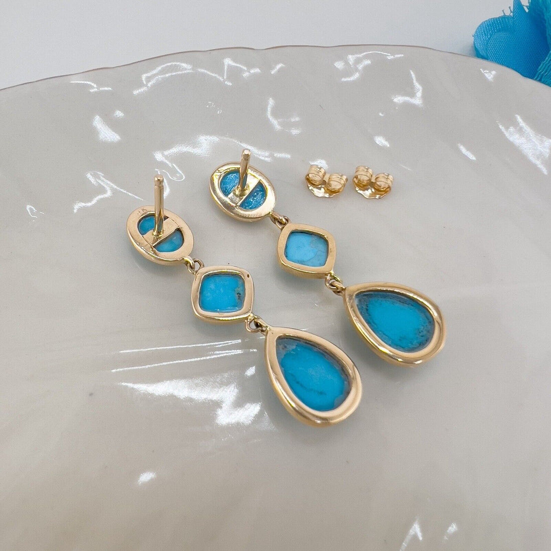 Natural Arizona Turquoise Solid 14k Yellow Gold Dangle/Drop Earrings, New