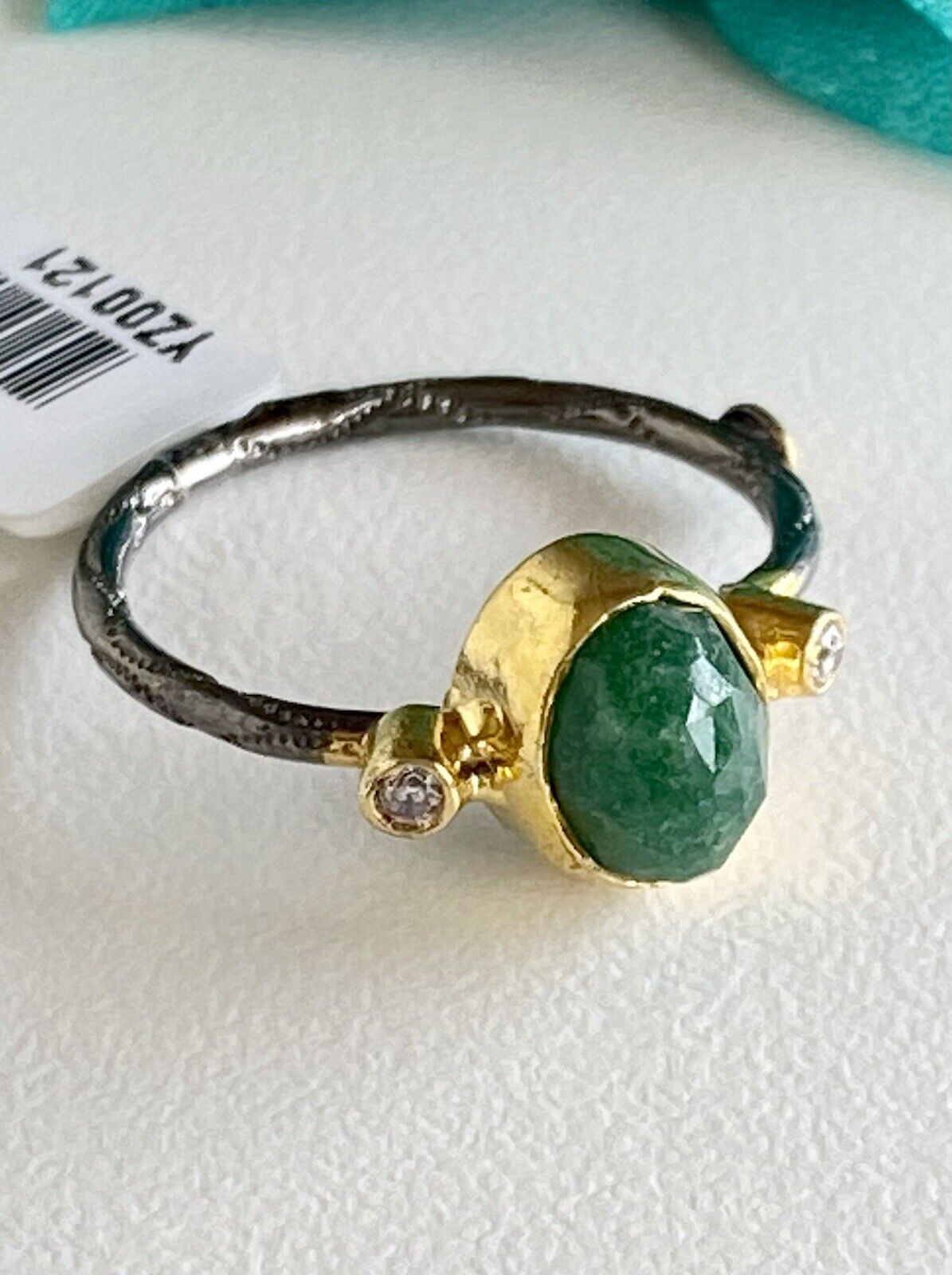 Antiqued Sterling Silver 22k Yellow Gold Green Quartz Ring Size 5/6.25