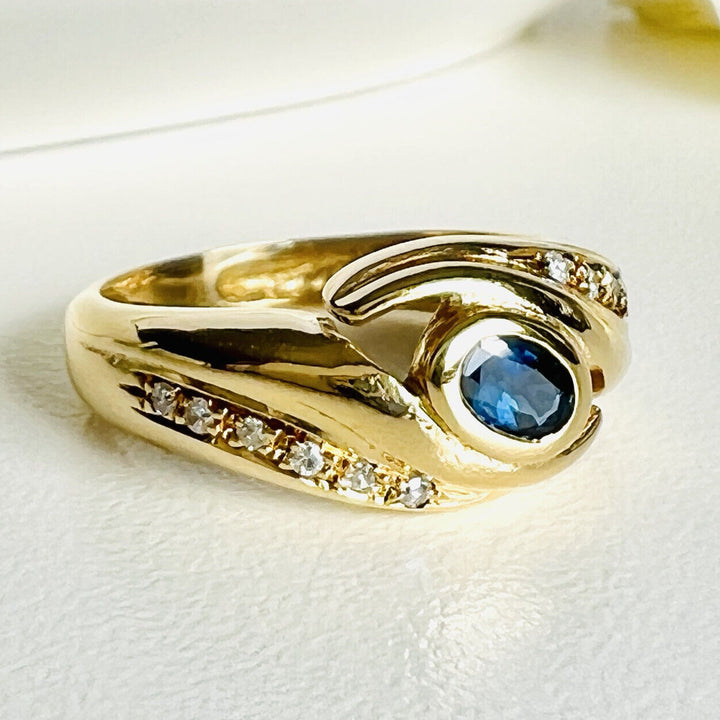 Solid 18k Yellow Gold Genuine Sapphire & Diamond Ring, Pre-owned Sz 6.75