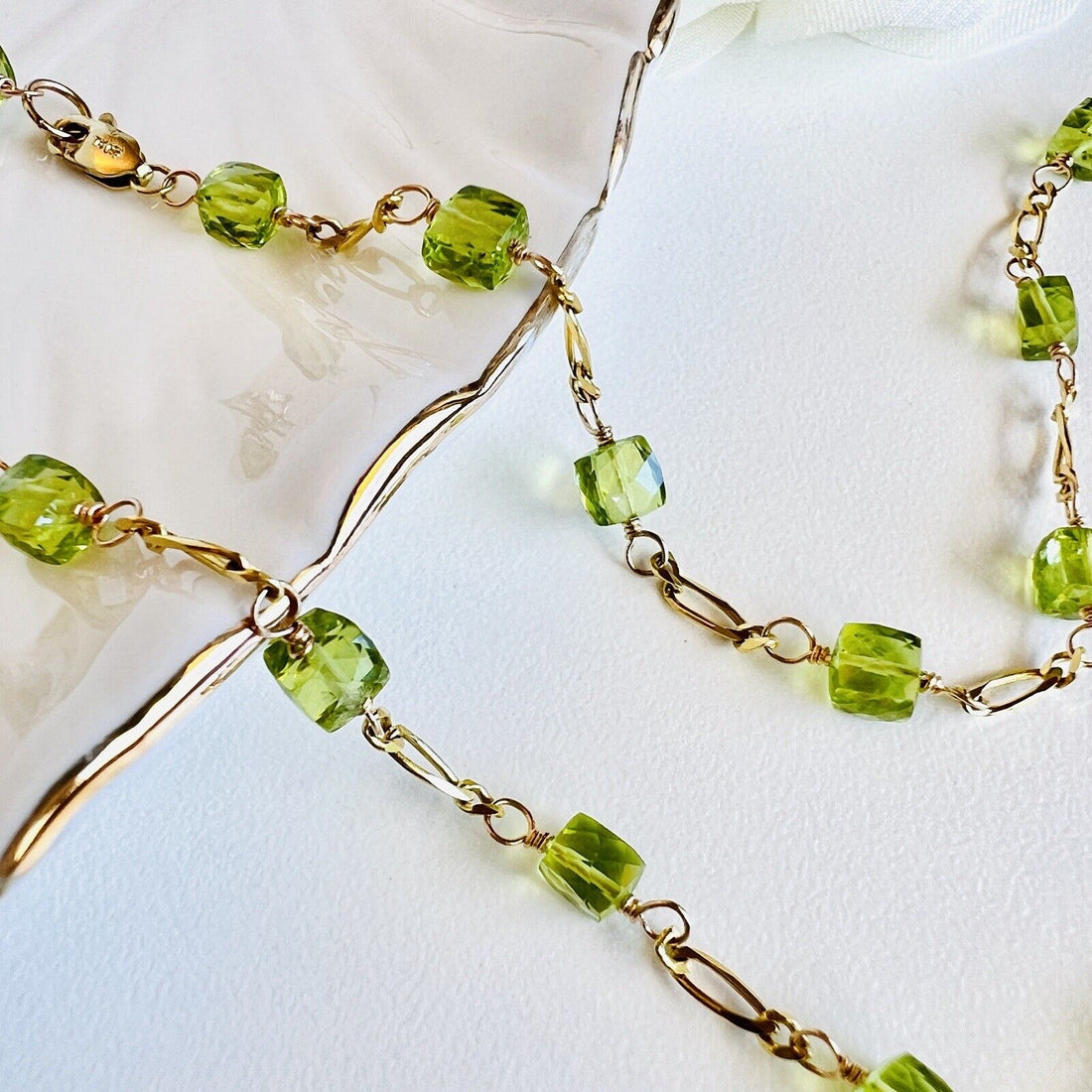 Solid 14k Yellow Gold Genuine Peridot Cube Station Chain Necklace, New 16.75”