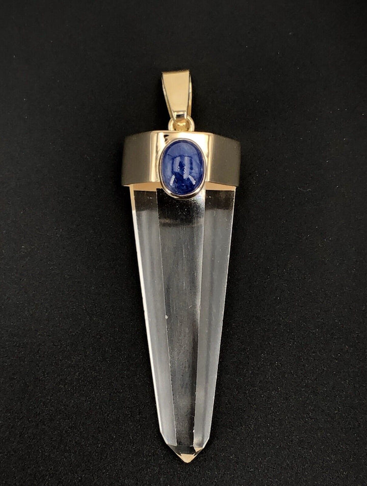 Unique 14k Gold Natural Quartz Point & Sapphire Pendant, 2.4", New