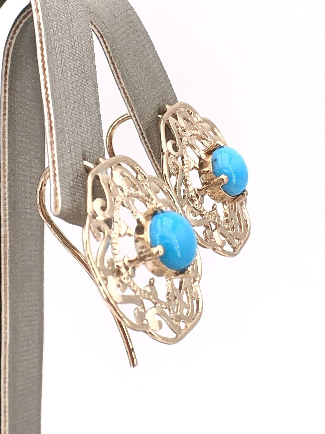 Solid 14k Yellow Gold & Sleeping Beauty Turquoise Filigree Hook Earrings, New