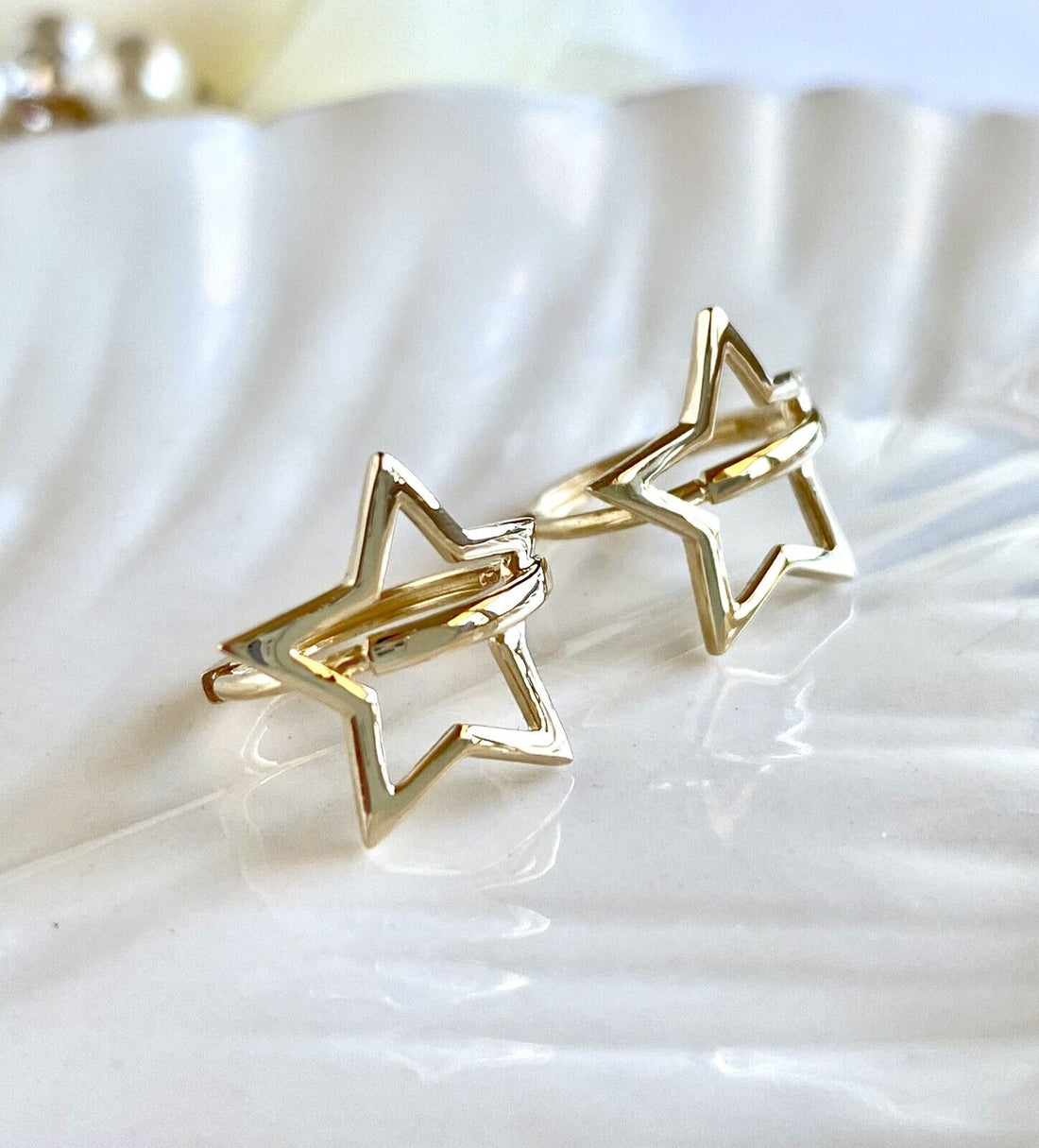 Solid 14k Yellow Gold 5 Point Star Hoop Earrings, New