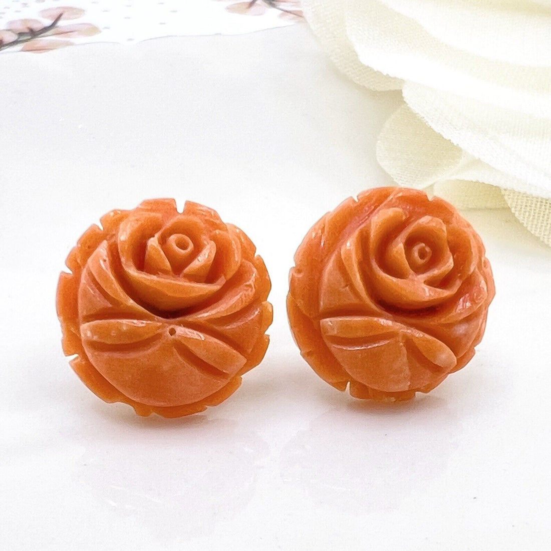 14k Gold Genuine Japanese Orange Coral Carved Rose Stud Earrings, New