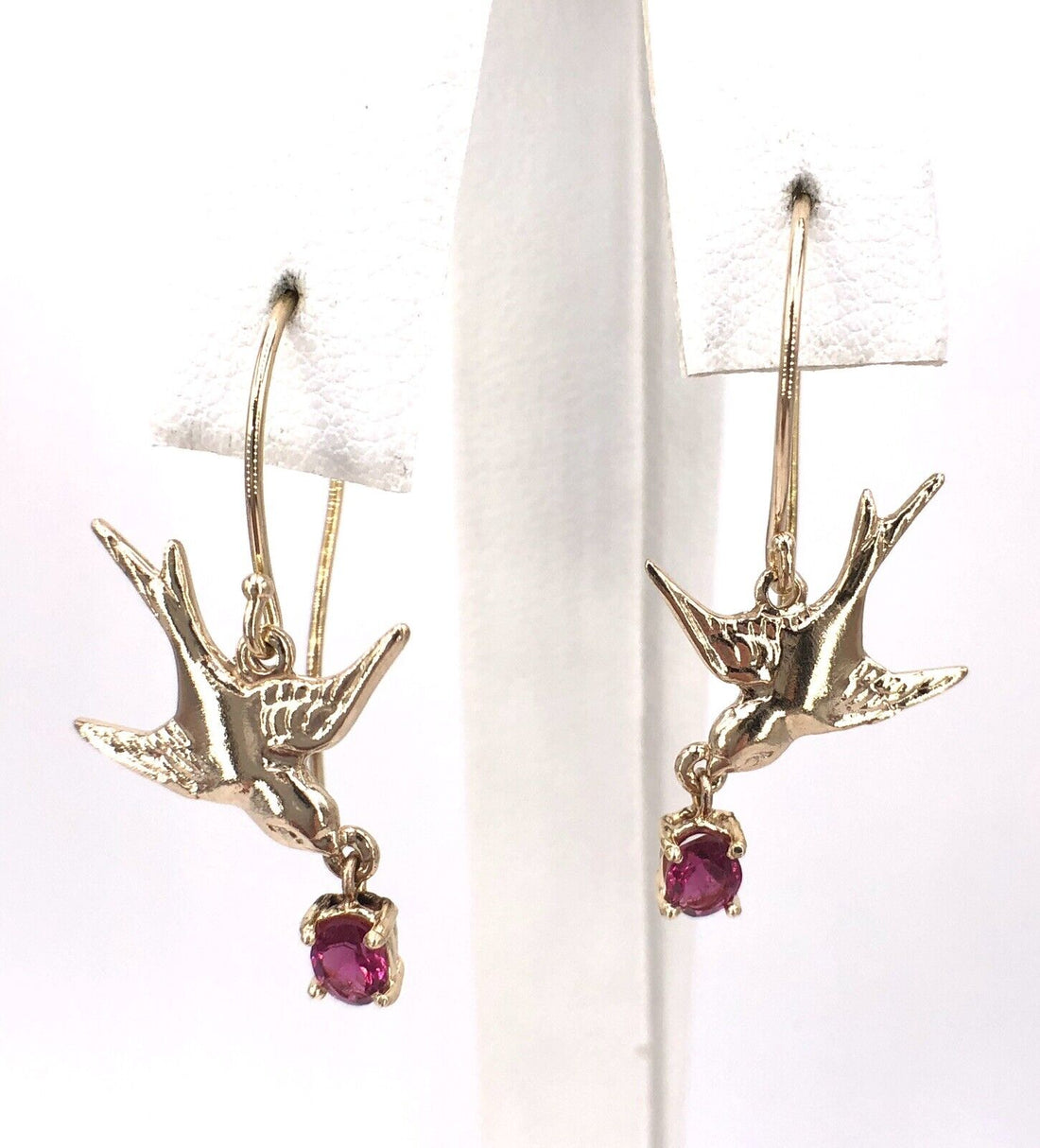 Solid 14K Yellow Gold Swallows & Pink Tourmaline Dangle/Drop Earrings, New 1.32"