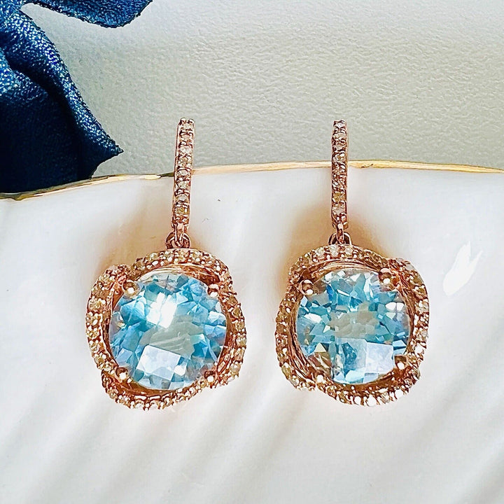 Solid 10k Rose Gold Genuine Blue Topaz (4.40ct) Diamond Dangle/Drop Earrings/New