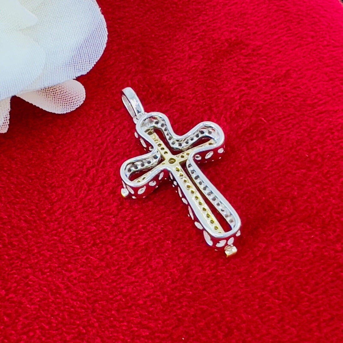 Solid 14k Two-Tone Gold & Genuine Diamond Cross Pendant, New 1.2”