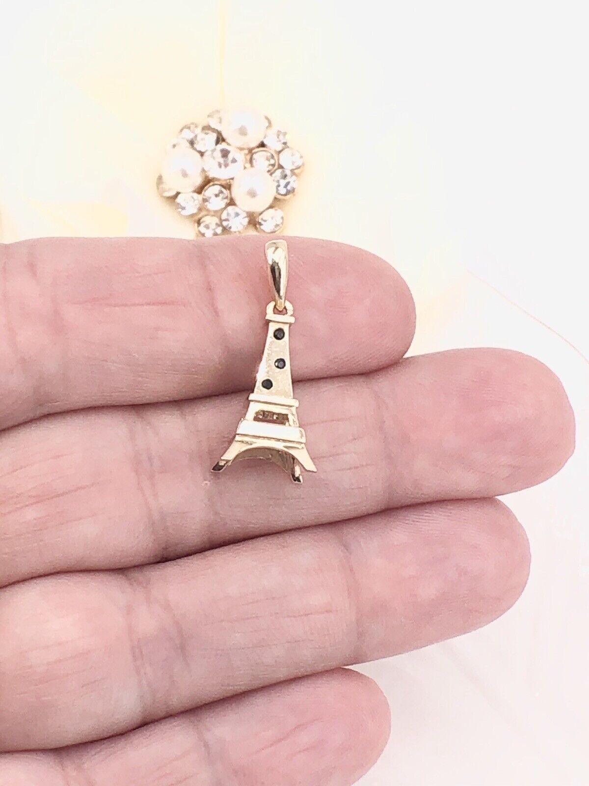 Solid 14K Yellow Gold Eiffel Tower W/ Cubic Zirconia 3-D Pendant/Charm, New