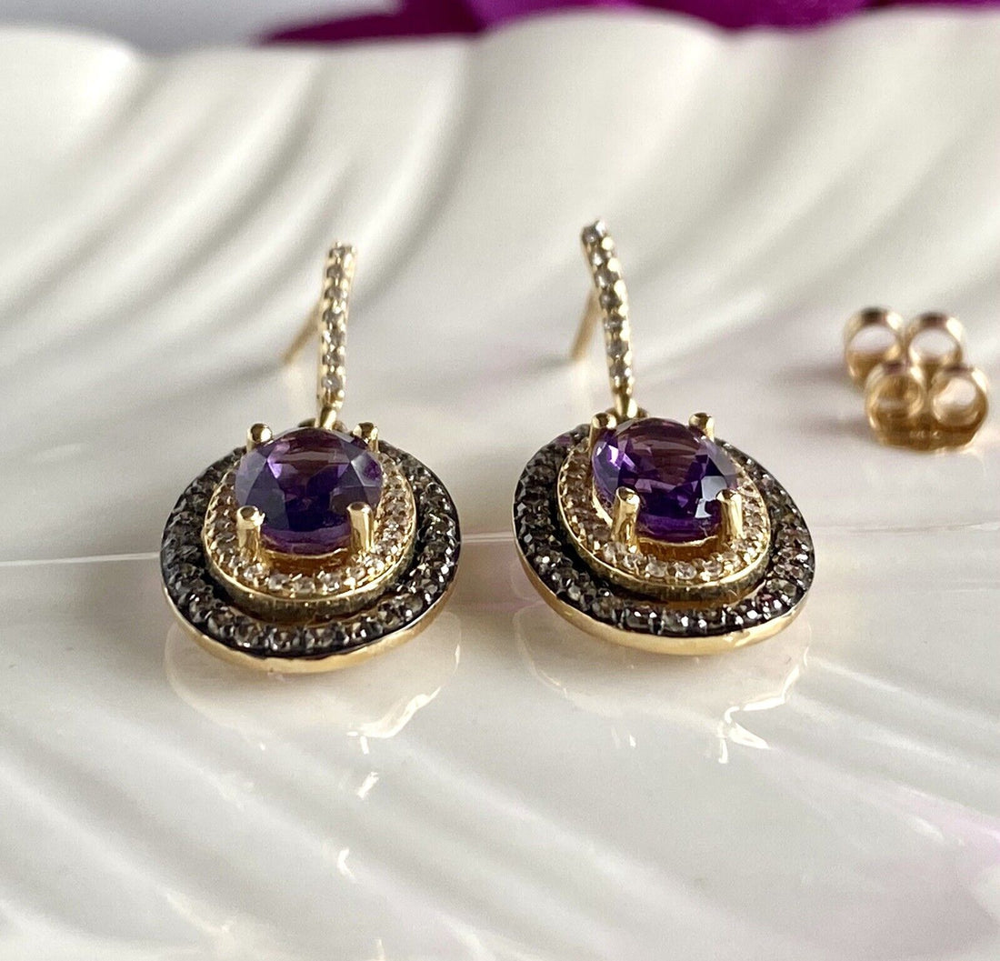 Solid 14k Yellow Gold Genuine Amethyst & Diamond Halo Dangle/Drop Earrings, New