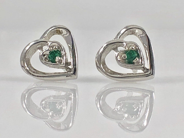 Genuine Emerald 14K White Gold Heart Stud Earrings, New