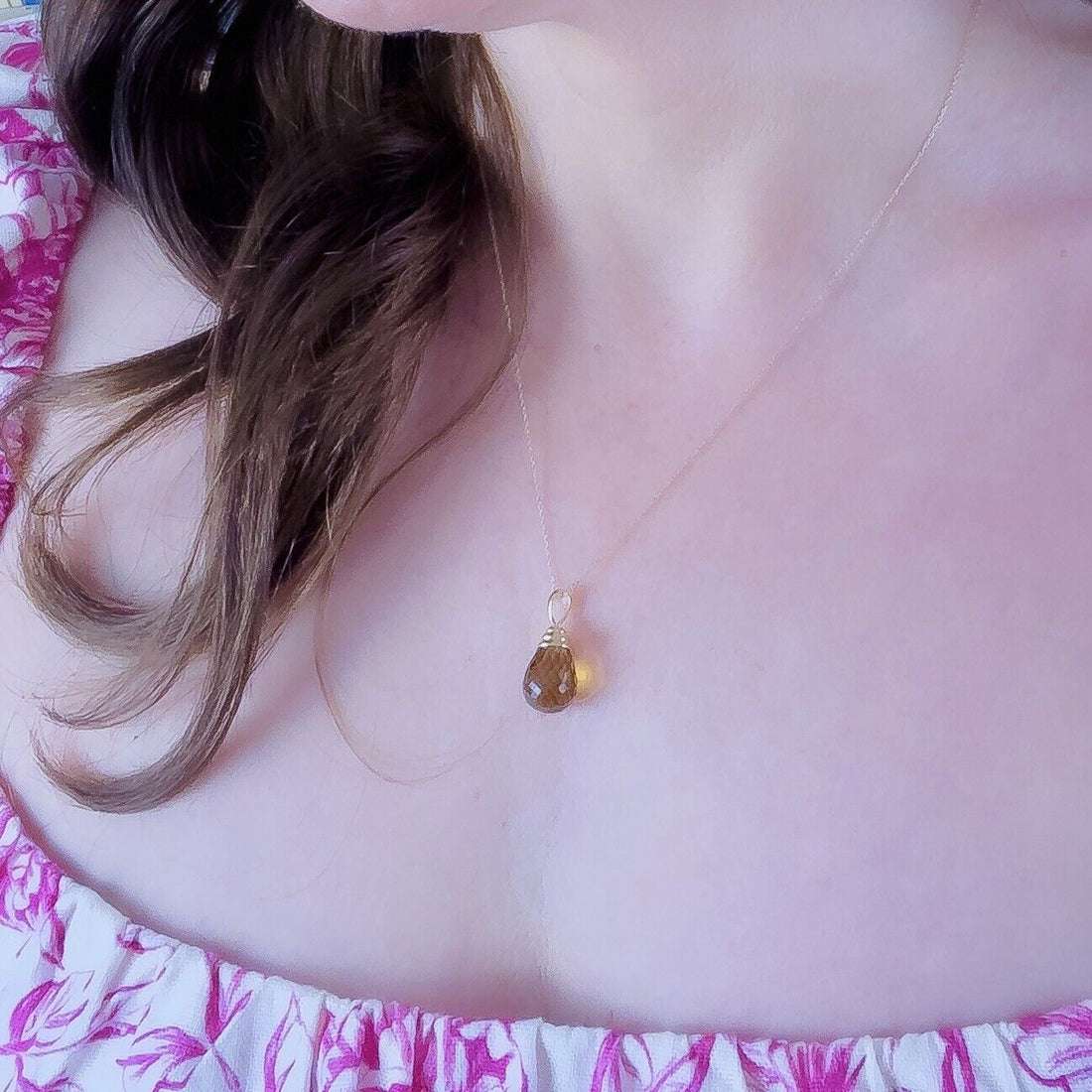 14k Yellow Gold Smoky Golden Citrine Drop Pendant Necklace, 18", New