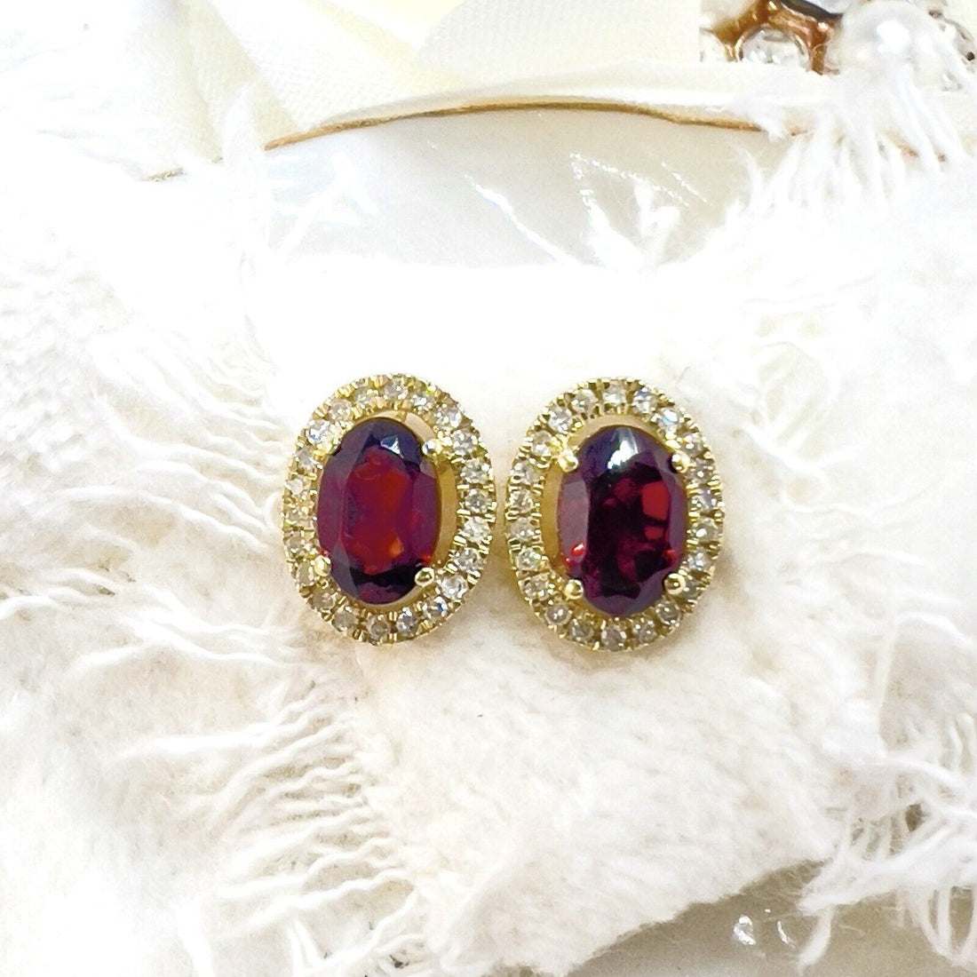 10k Yellow Gold Genuine Garnet & Diamond Halo Stud Earrings, New