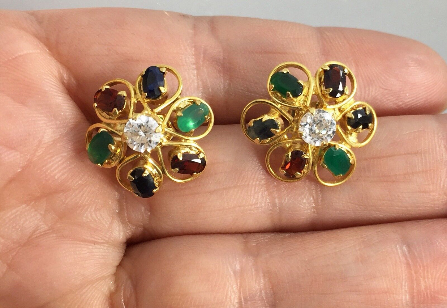 Genuine Multi-Gemstone Rosette Stud Earrings 18kt Yellow Gold Overlay, 3/4" New