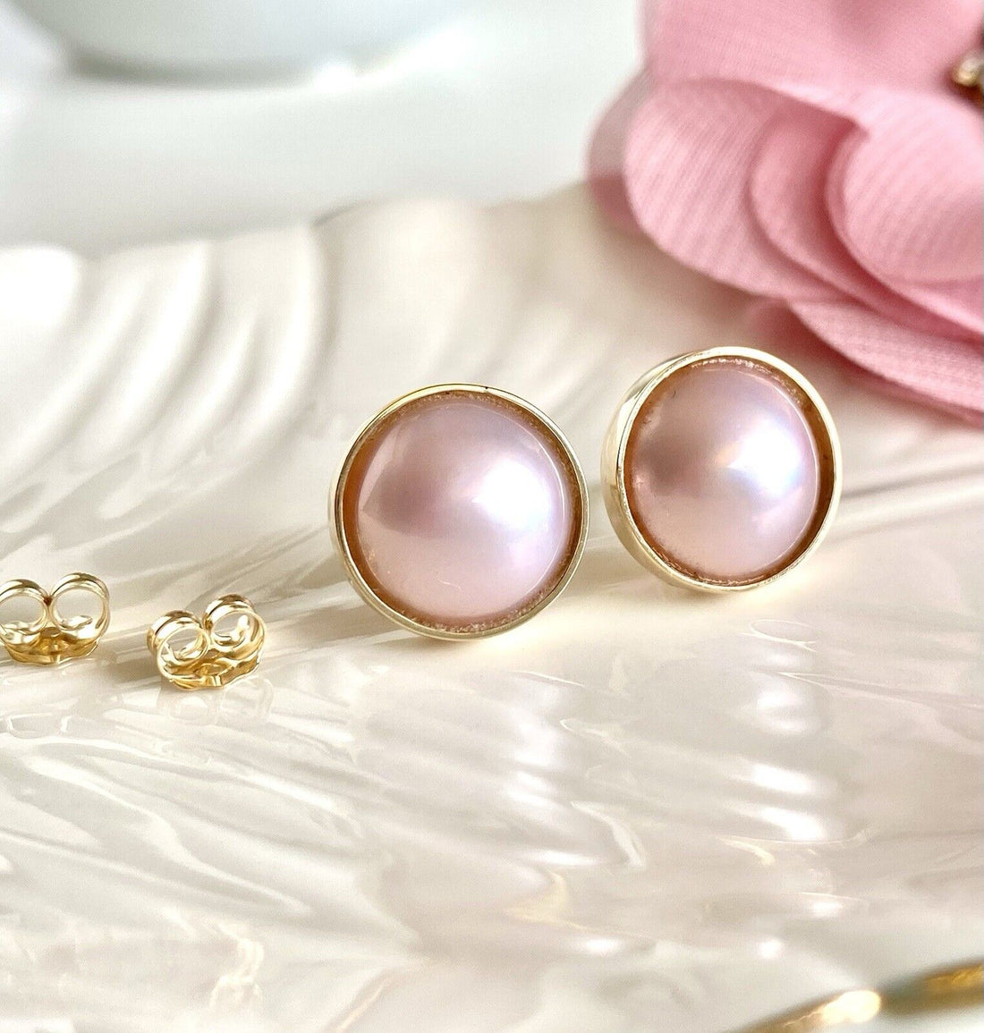 Genuine Pink Mabe Pearl (11.25mm) Solid 14K Yellow Gold Stud Earrings, New