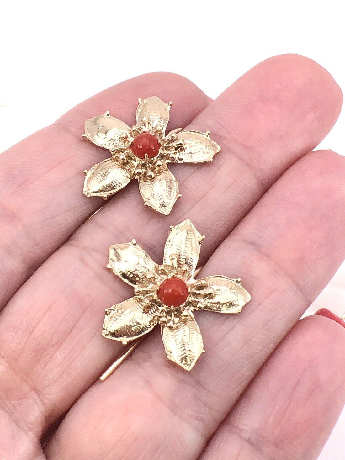 14K Yellow Gold & Mediterranean Red Coral 5 Petal Flower Hook Earrings, New