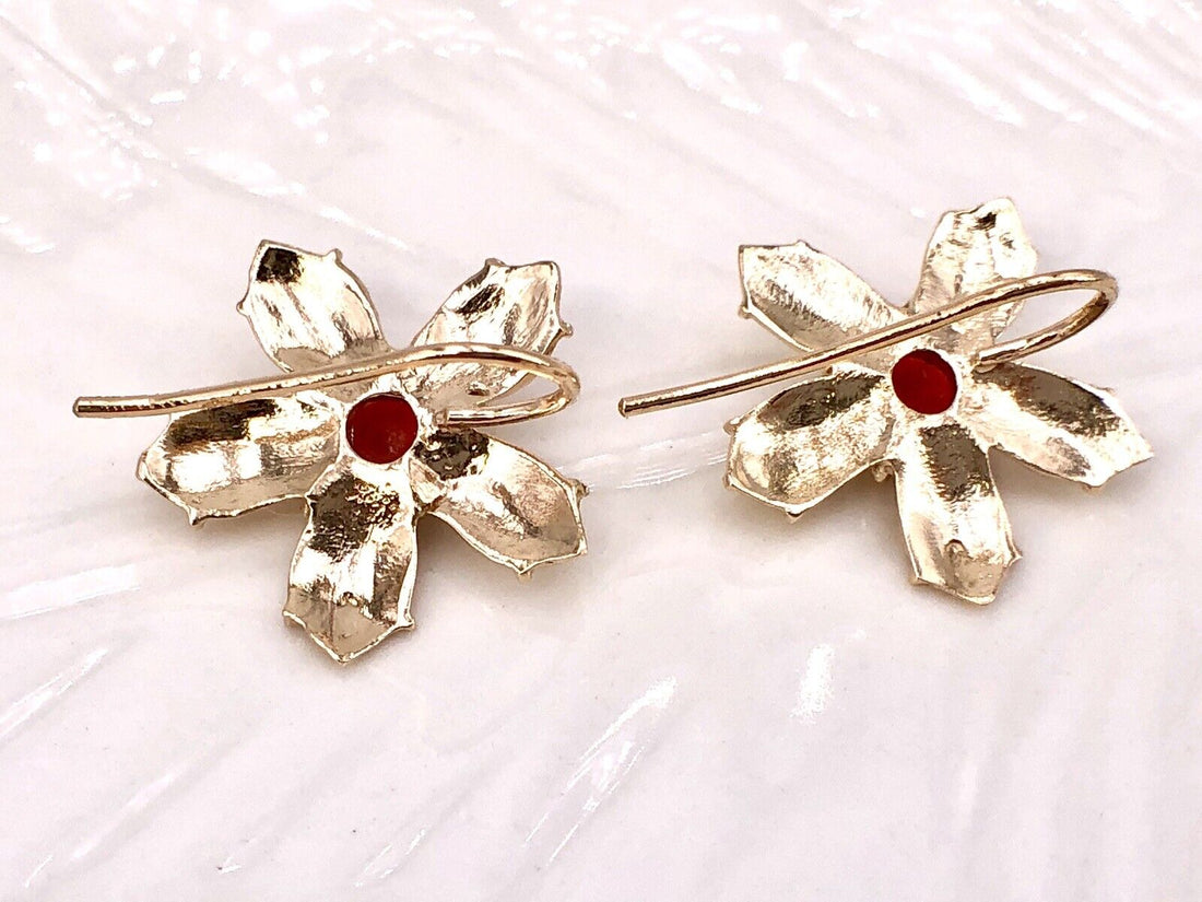 14K Yellow Gold & Mediterranean Red Coral 5 Petal Flower Hook Earrings, New