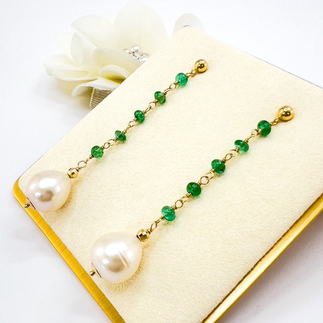 14k Yellow Gold Genuine Emerald & Pearl Dangle/Drop Earrings, New, 2.52"