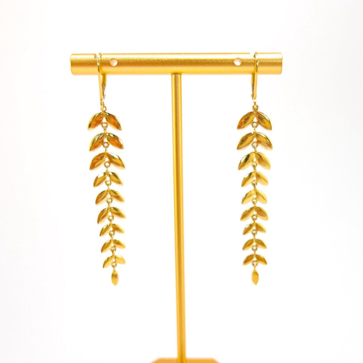 14k Yellow Gold Long Dangle Leaf Earrings, New, 2.72"