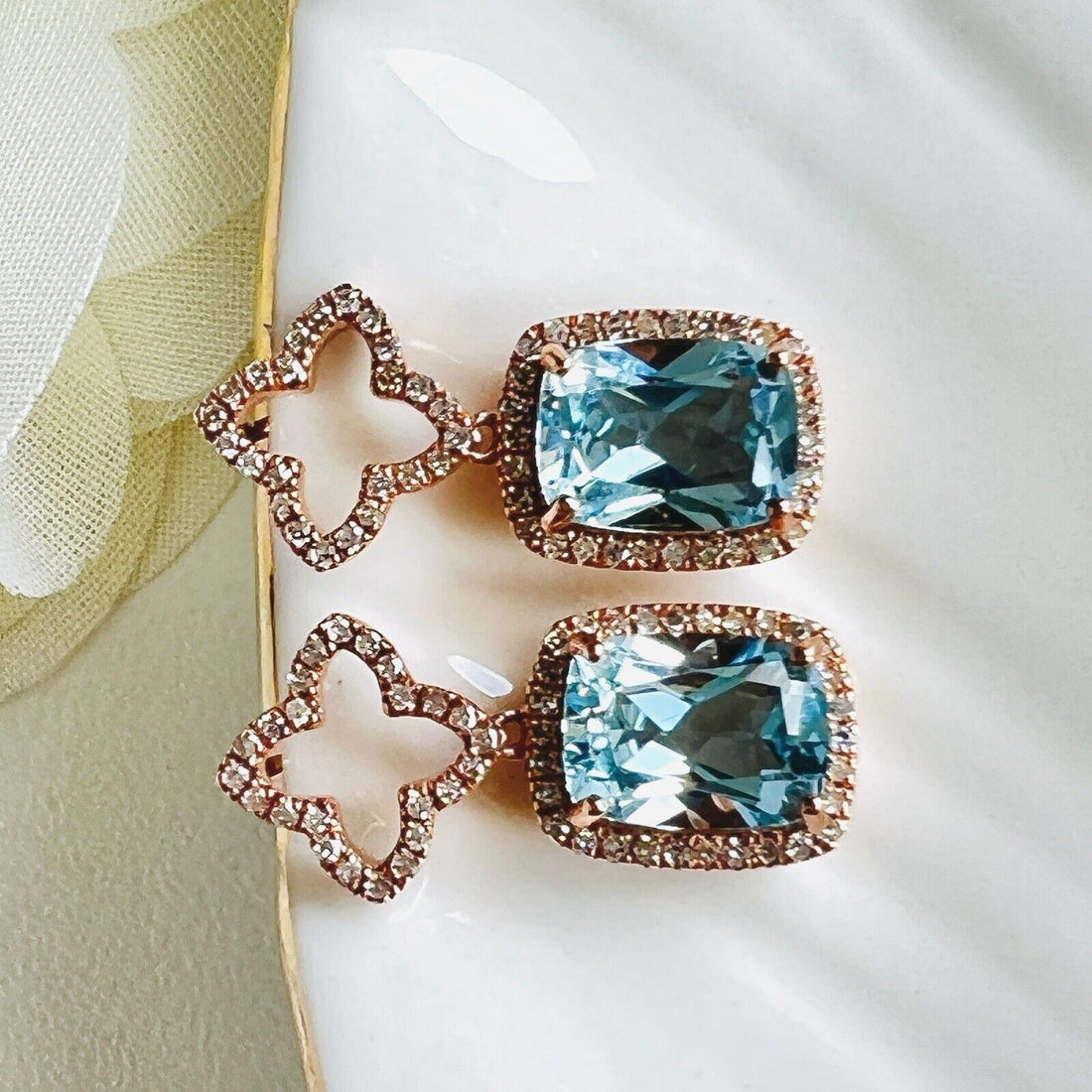 Solid 10k Rose Gold, Sky Blue Topaz & Diamond Clover Dangle/Drop Earrings, New