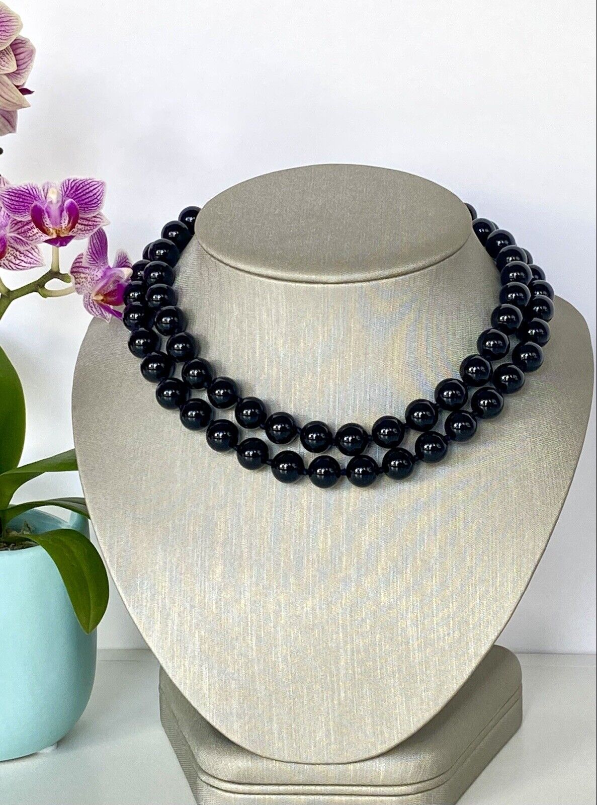 Genuine 10mm Black Onyx Knotted Endless Necklace, New, 32"