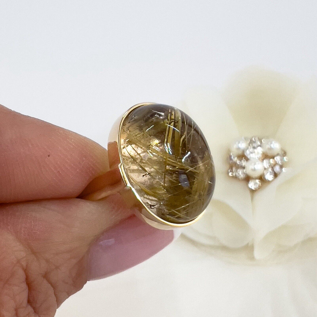 Solid 14k Yellow Gold Genuine Rutilated Quartz Ring, Size 7