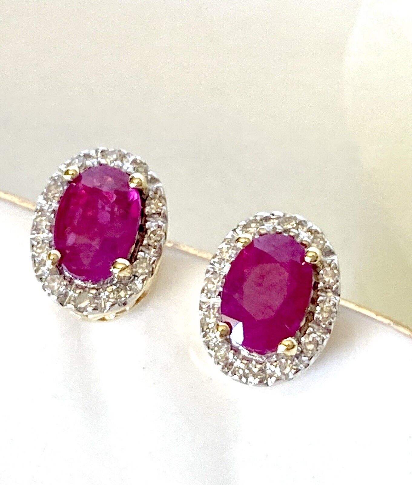 Genuine Ruby & Diamond Halo Solid 14k Yellow Gold Stud Earrings, New