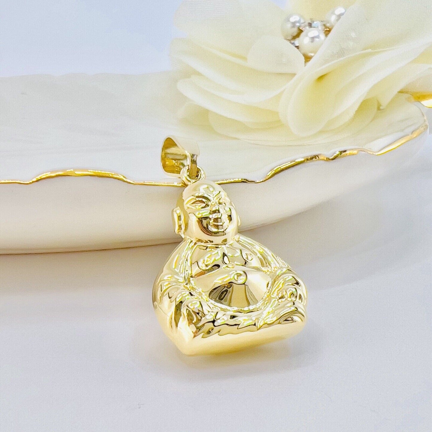 14k Yellow Gold Puffy 3-D Buddha Pendant, New, 1.20"