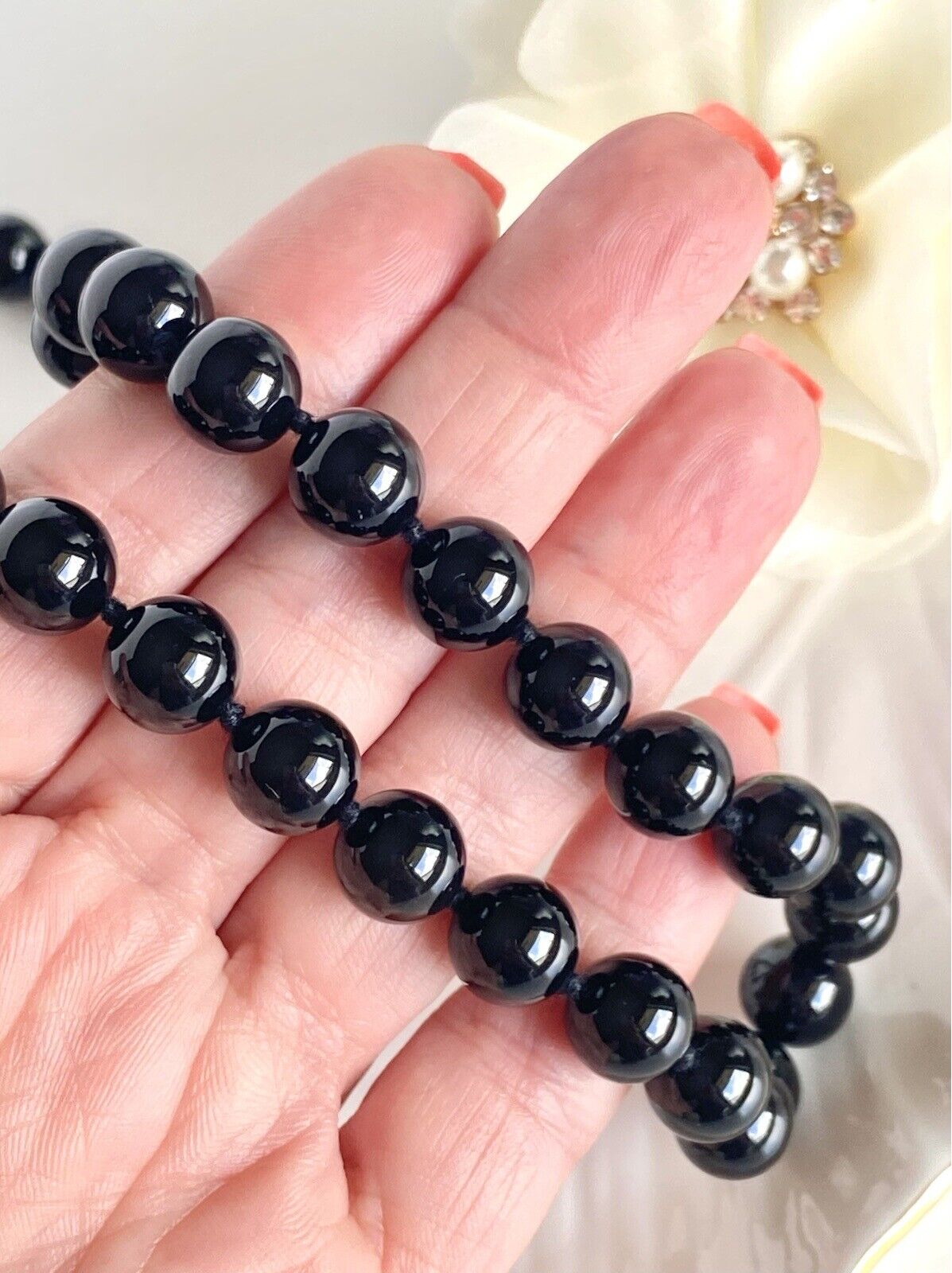Genuine 10mm Black Onyx Knotted Endless Necklace, New, 32"
