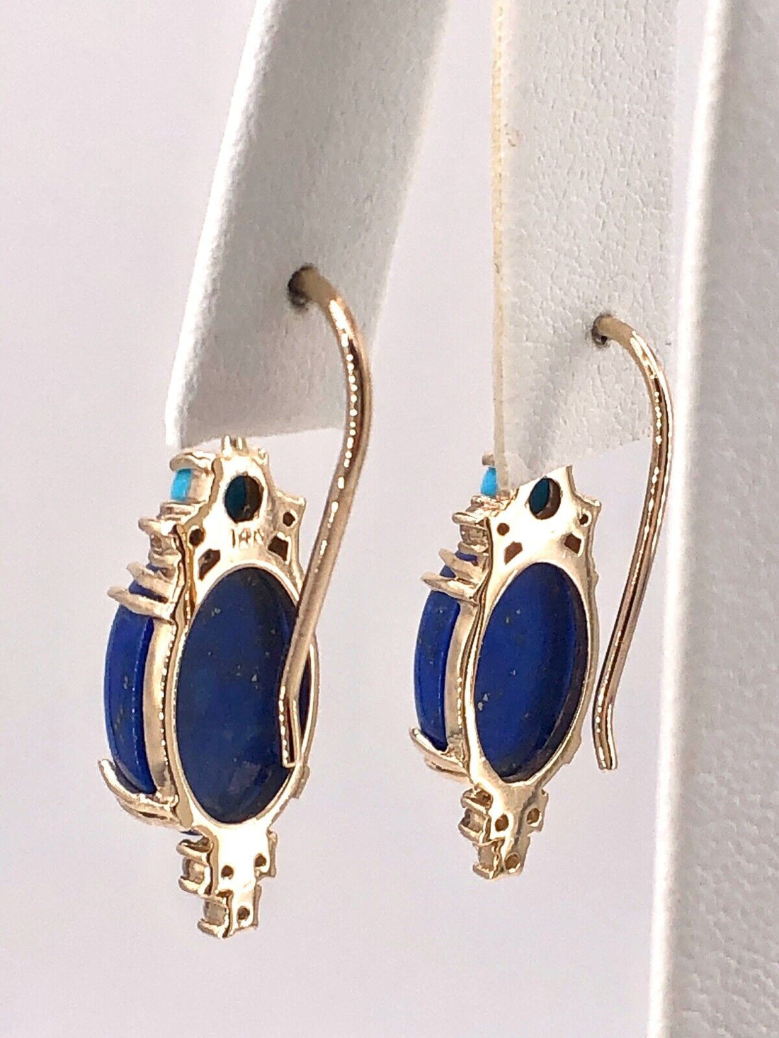 Genuine 14k Gold, Natural Lapis Lazuli, Turquoise & Diamond Dangle Earrings, New