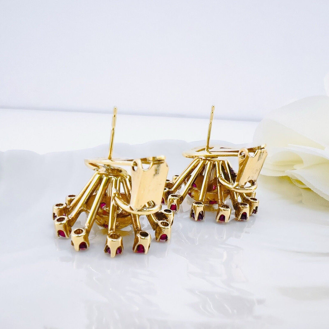 Vintage 14k Yellow Gold & Ruby "Starburst" Post & Clip Handcrafted Earrings