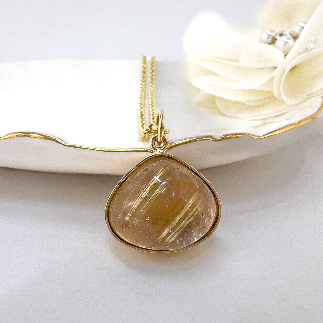 Genuine Rutilated Quartz Solid 14k Yellow Gold Drop Pendant, Newly Handcrafted