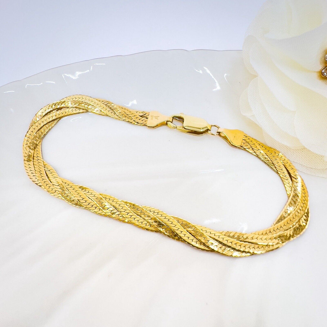 Solid 14k Yellow Gold Herringbone Flat Braided Bracelet, Italy 7.25"