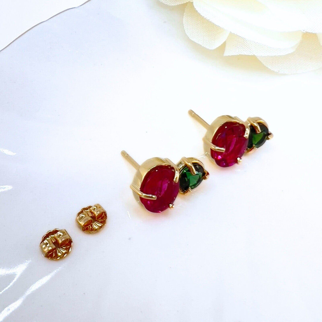 Handcrafted 14k Yellow Gold Genuine Pink & Green Tourmaline Stud Earrings, New