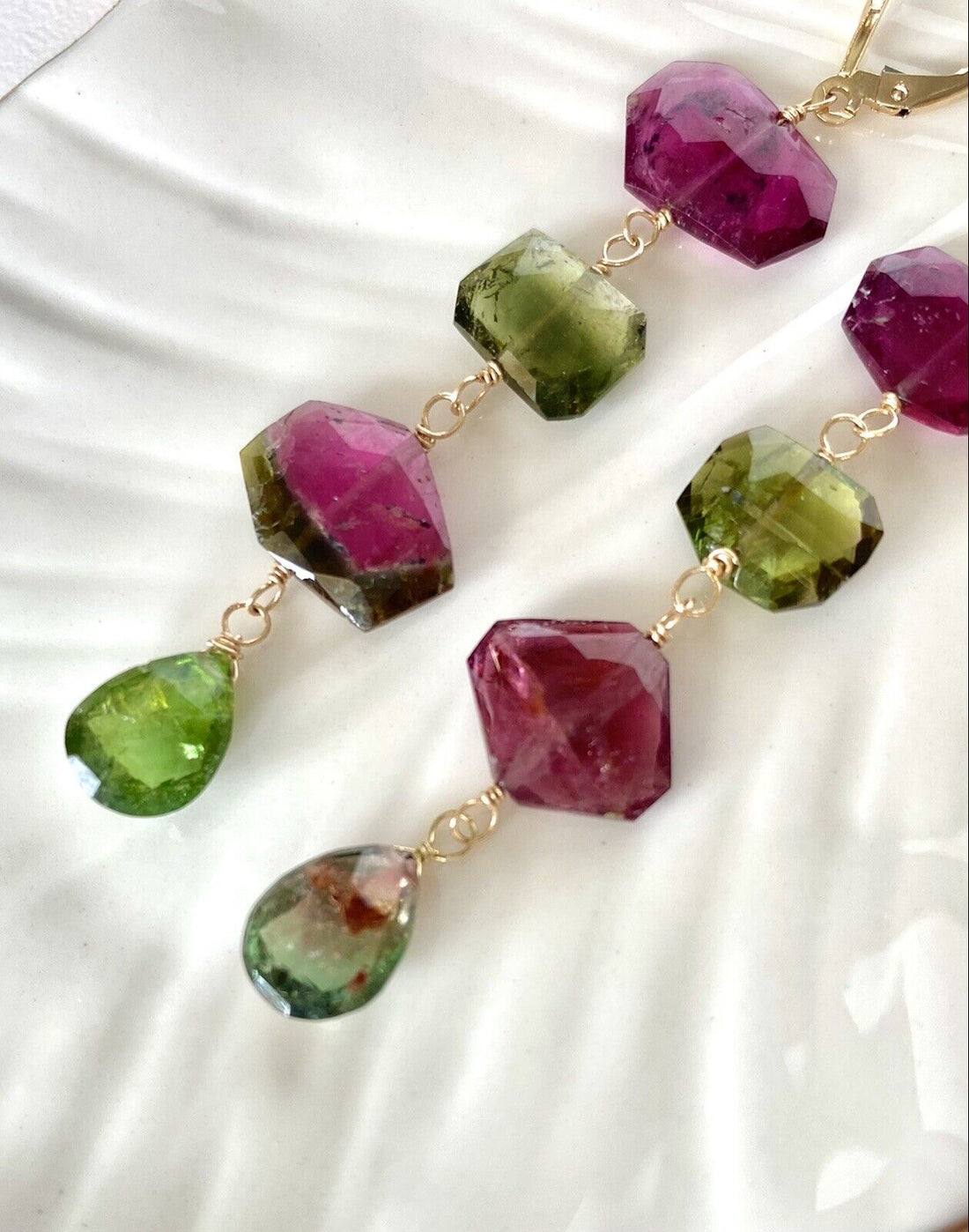 Natural Tourmaline (27.1ct) & 14k Yellow Gold "Wind Chime" Dangle Earrings, New