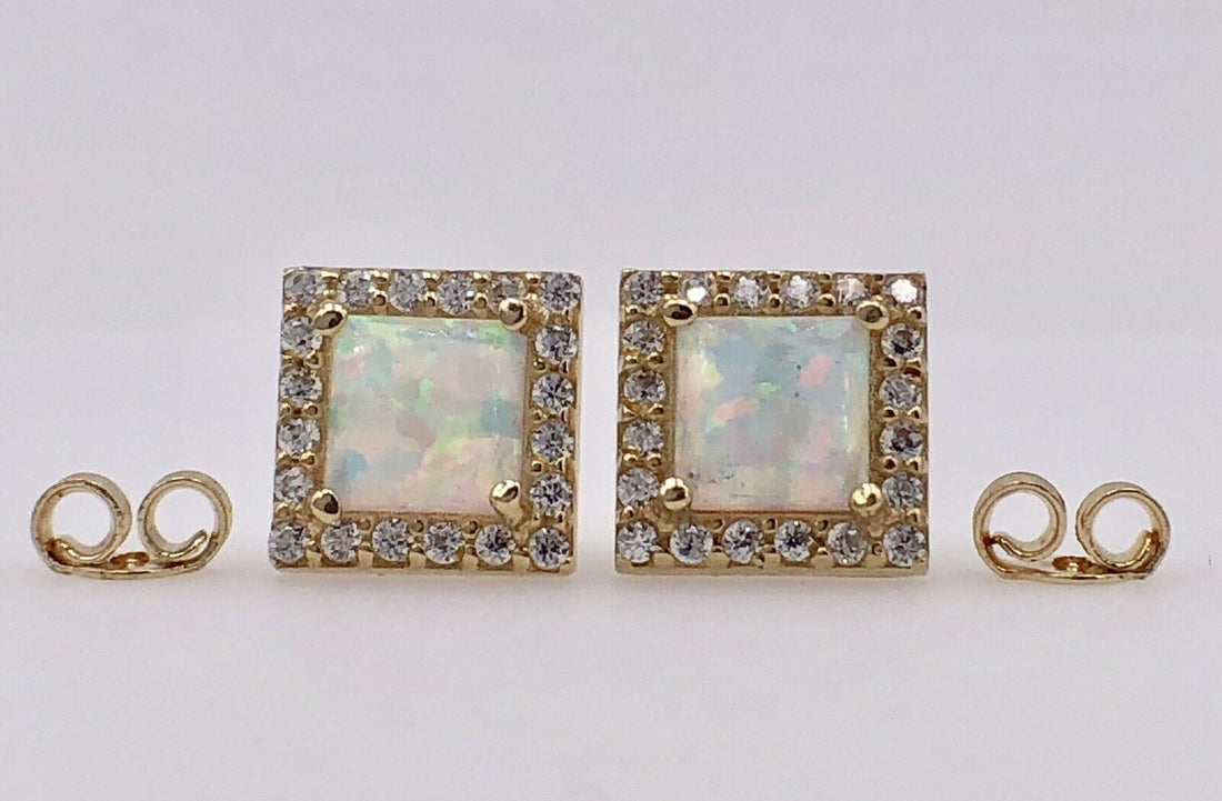 14K Yellow Gold, Opal & CZ Square Stud Earrings, New