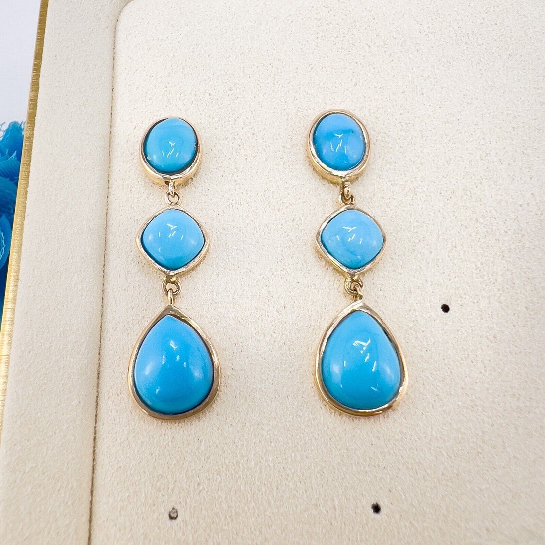 Natural Arizona Turquoise Solid 14k Yellow Gold Dangle/Drop Earrings, New