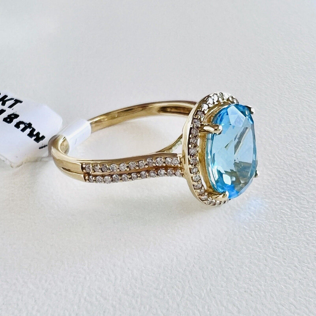 Solid 10k Yellow Gold Genuine Swiss Blue Topaz & Diamond Halo Ring, Size 7 New