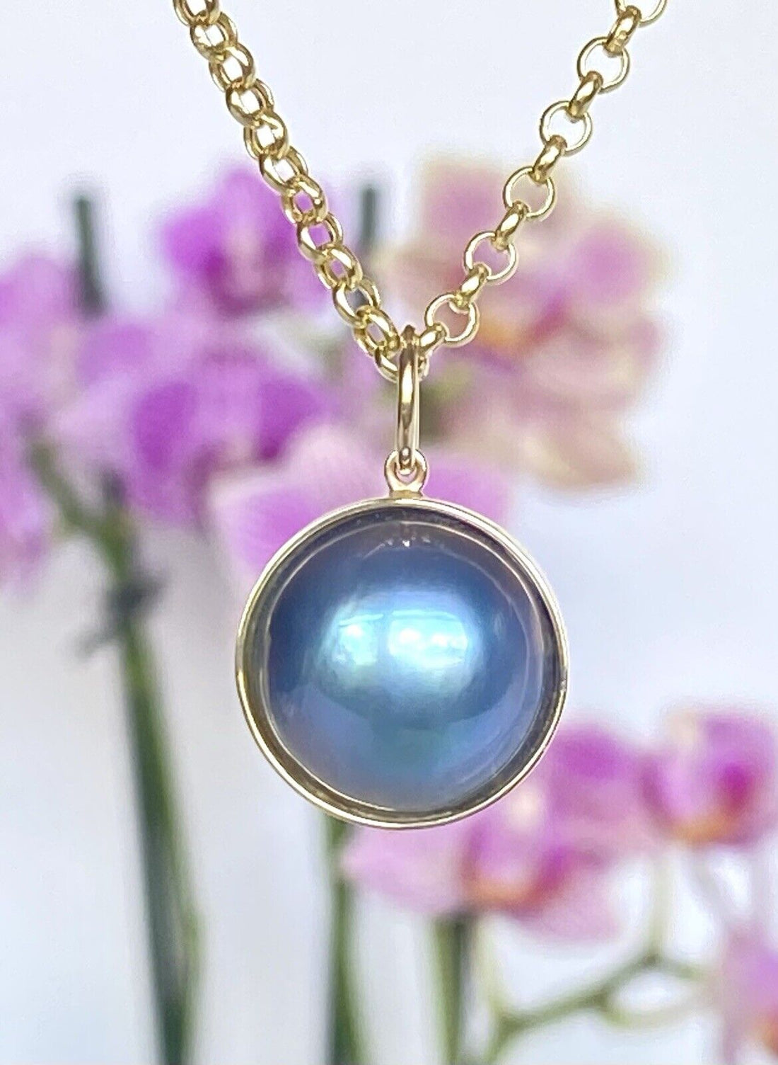 Genuine Peacock Blue Mabe Pearl (15mm) Solid 14K Yellow Gold Pendant, New