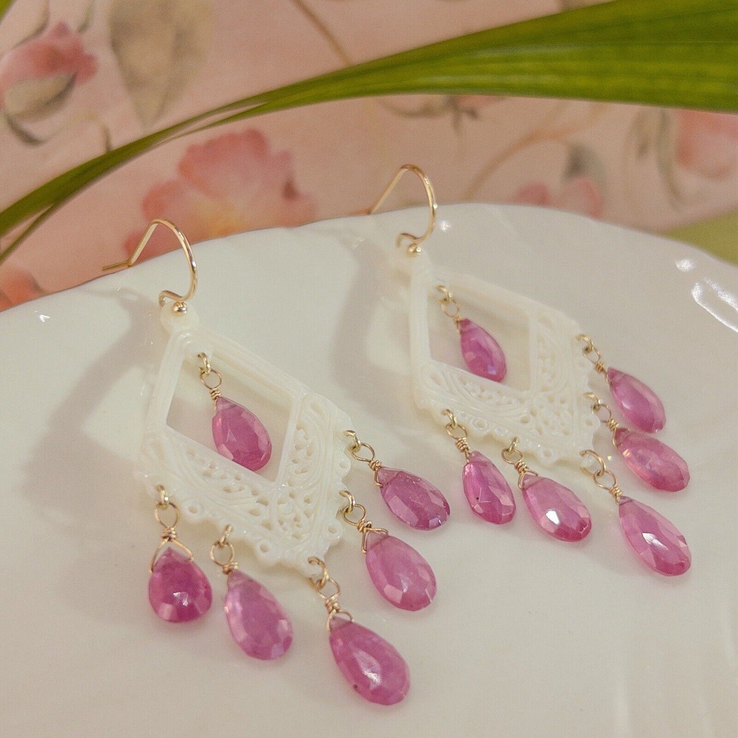 Solid 14k Yellow Gold Pink Sapphire & Mother of Pearl Chandelier Dangle Earrings