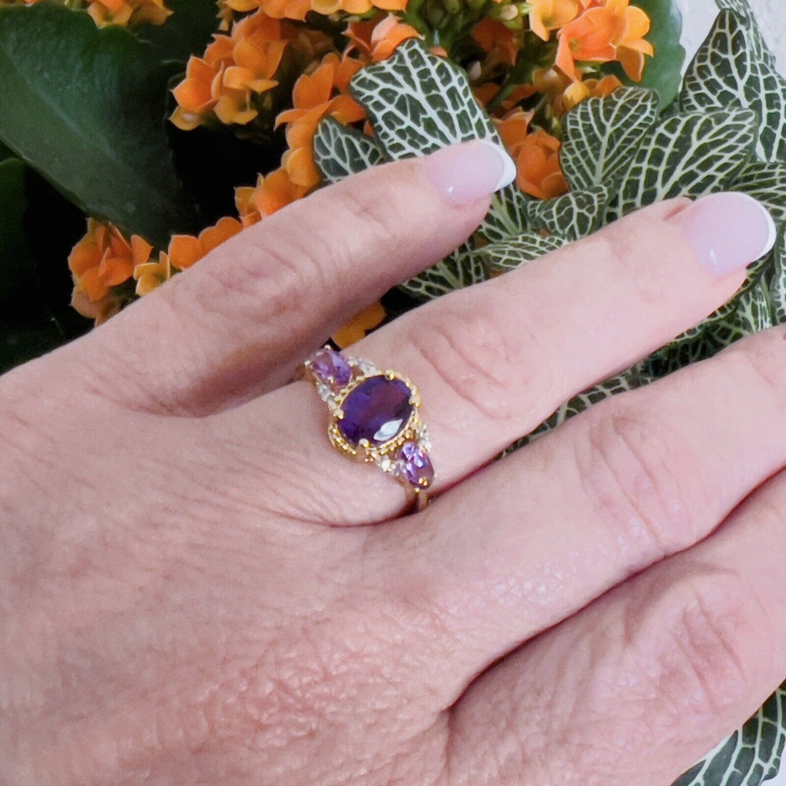 Solid 10k Yellow Gold Genuine Amethyst & Diamond 3-Stone Ring, New Size 7