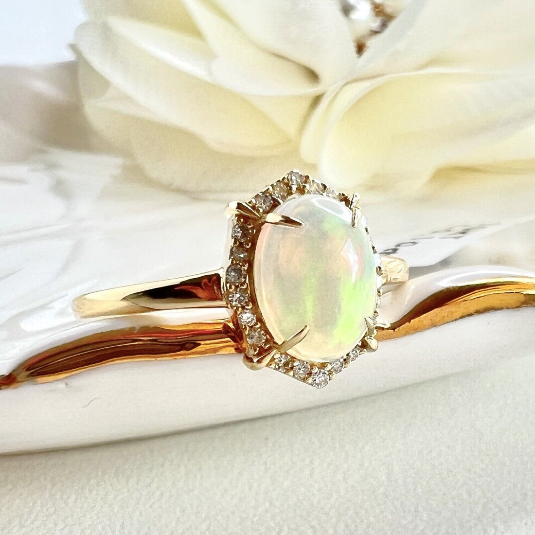 Solid 10k Yellow Gold Genuine Opal & Diamond Halo Ring, Size 7 New