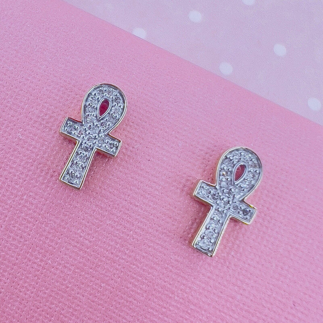 14k Yellow Gold Diamond Ankh Stud Screw-Back Earrings, New