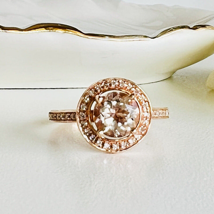 Genuine Morganite & Diamond Halo Solid 14k Rose Gold Ring, New Size 7