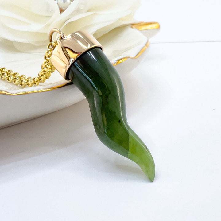 14k Yellow Gold Nephrite Jade Cornicello Horn Pendant, New, 1.68"